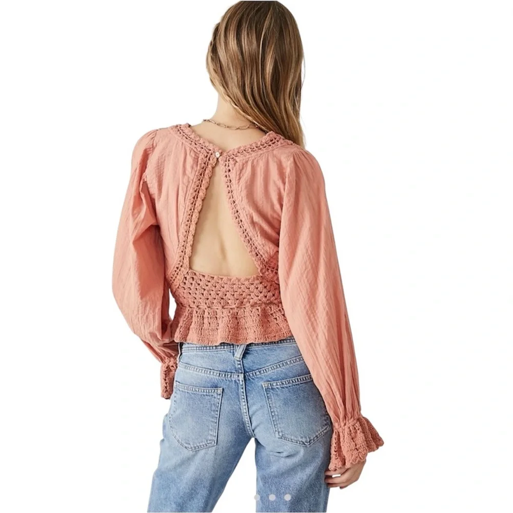 Free People Dusty Rose Crochet Peasant Crop Top